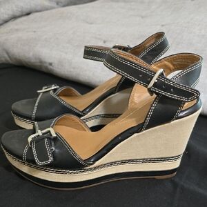 Clarks Black and Cream Wedge Sandals with Ankle Strap